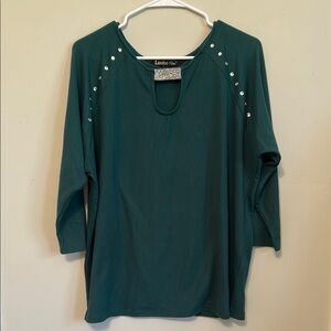 Green Relaxed Pullover Sweater with Embellished Scoop Neck